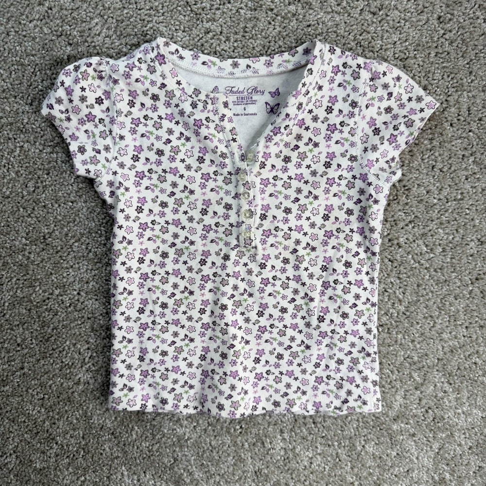 Faded Glory Shirt Girls 6 White Floral Henley Short Sleeve Stretch Tee T-Shirt
